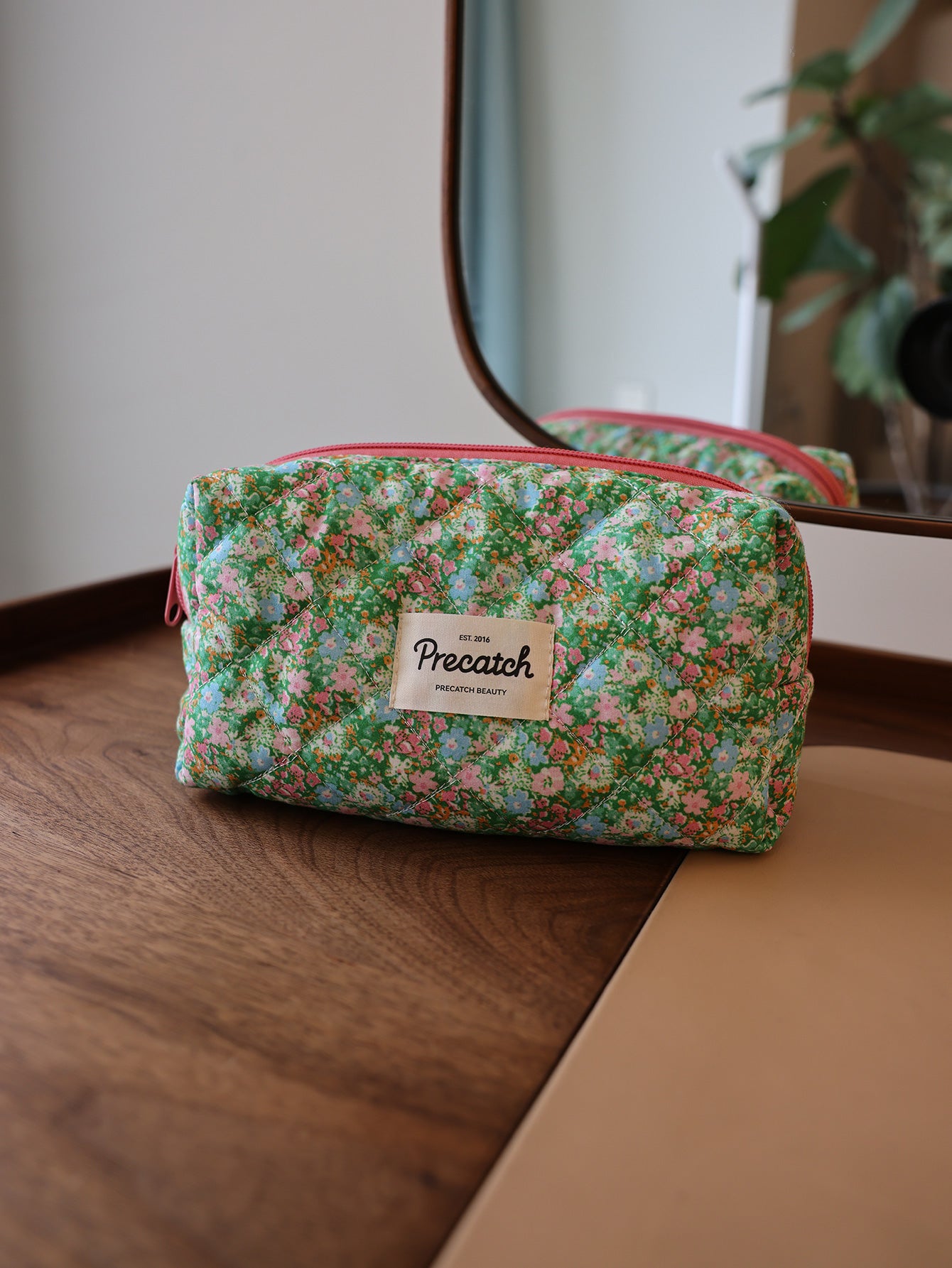 Precatch Emerald Green Printed Thick Medium Makeup Bag - Skincare Portable Travel Storage Bag (Handbag)