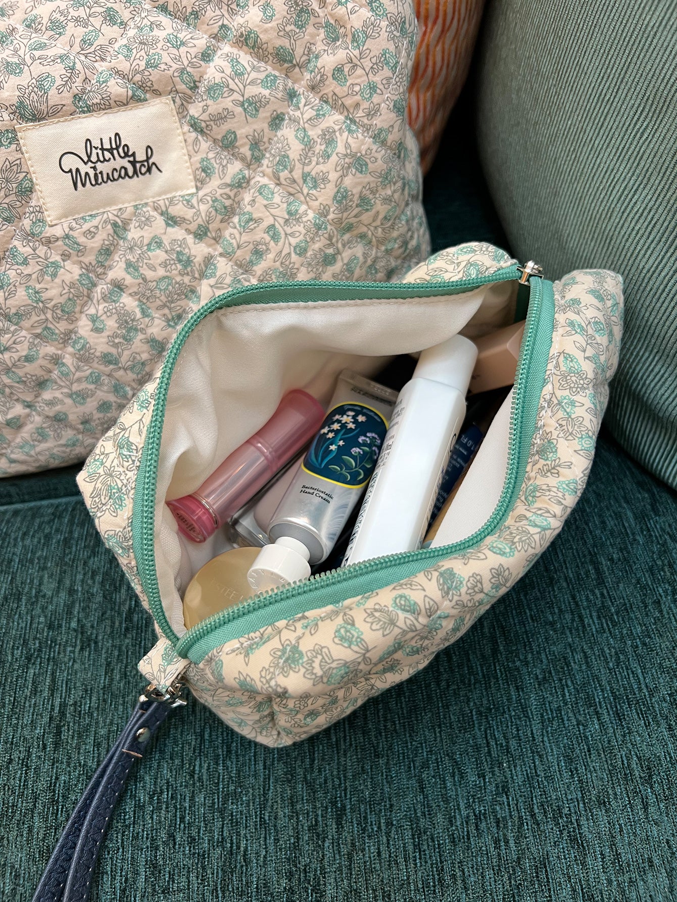 Miucatch French Style Floral Artistic Fresh Green Flower Makeup Bag - Cotton Storage Portable Handbag(Small Size)
