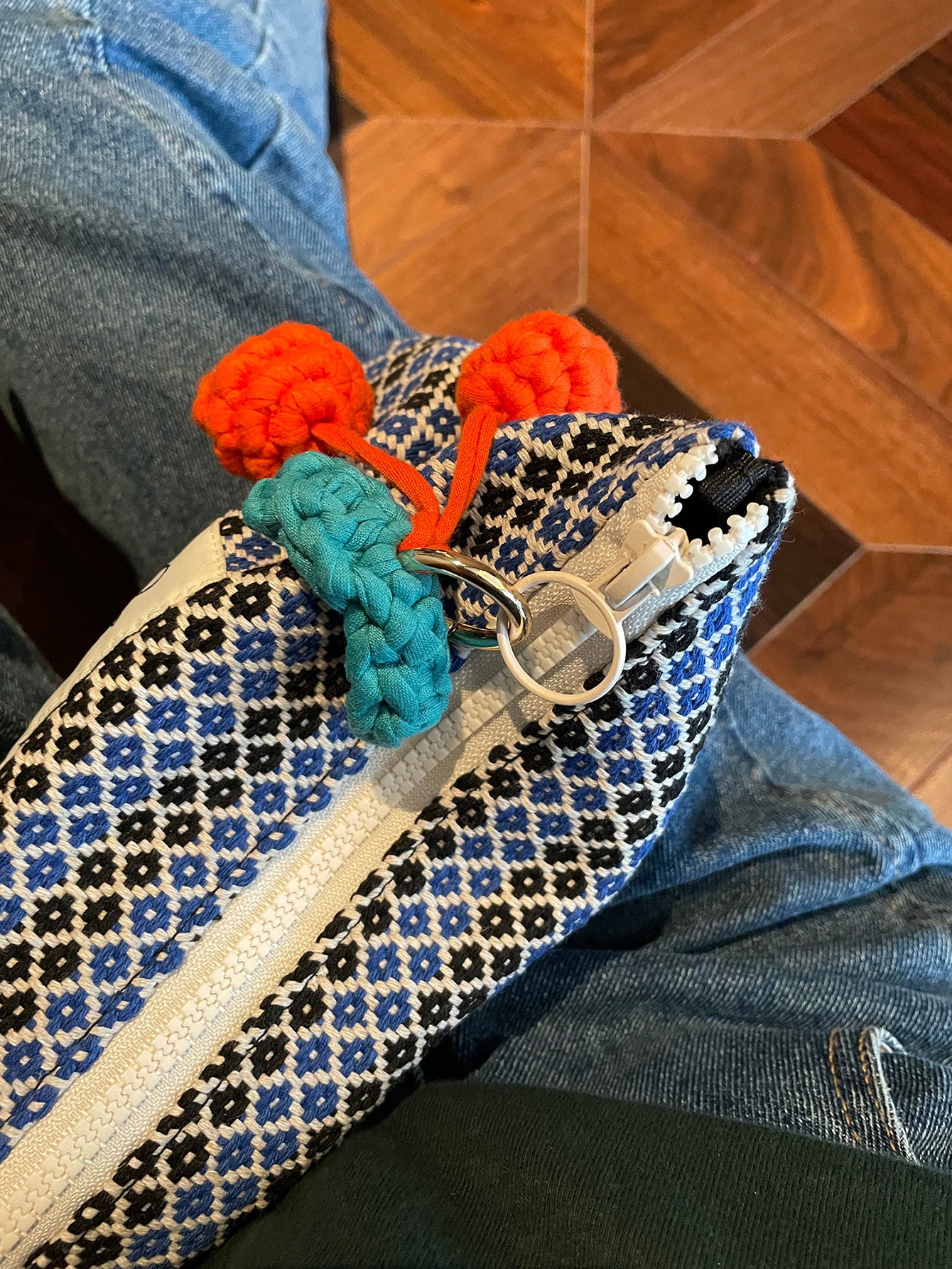 Precatch Nostalgic Blue Cherry Hangings Makeup Bag-Vintage Handmade Wool Knitted Geometric Portable Handbag with Large Capacity