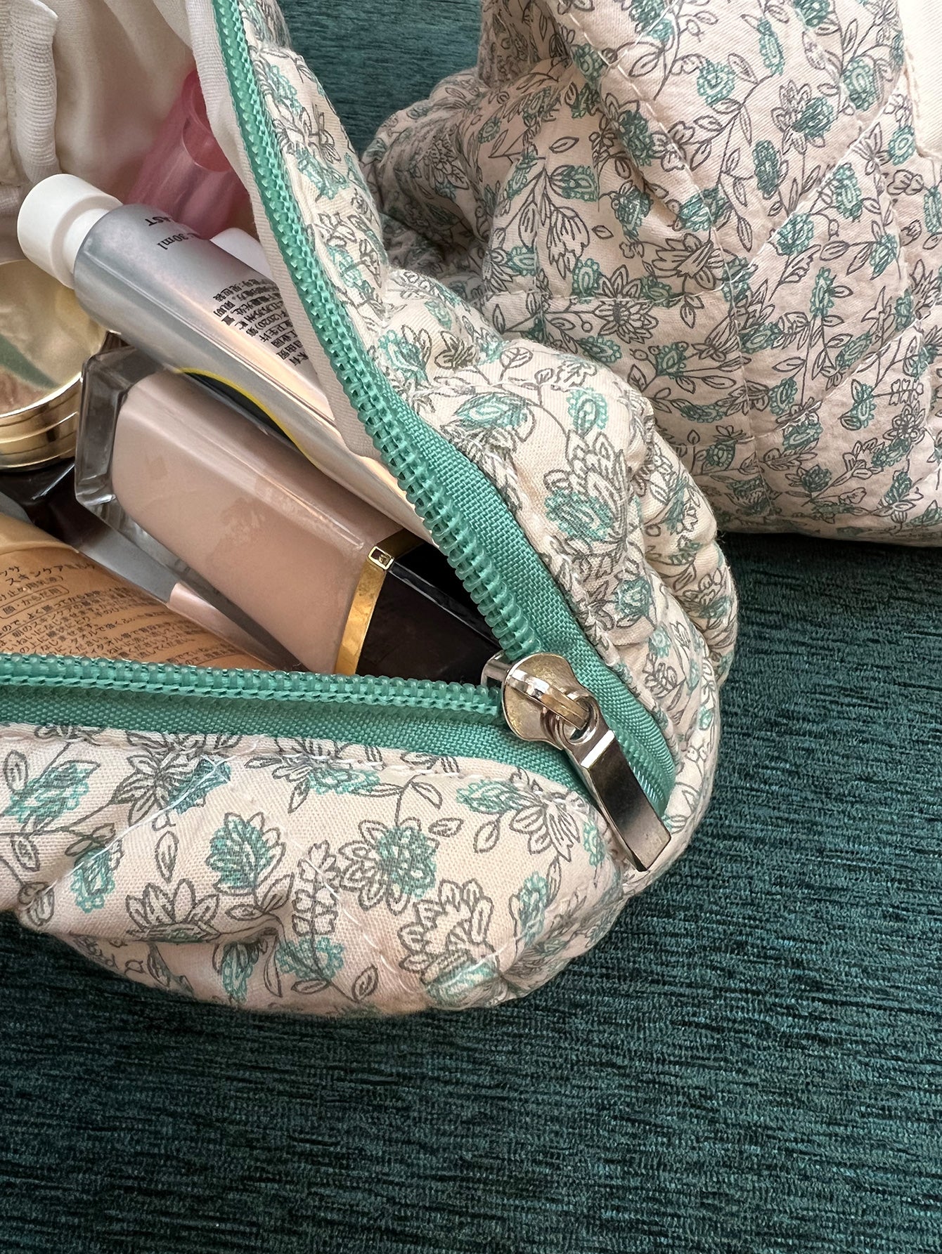 Miucatch French Style Floral Artistic Fresh Green Flower Makeup Bag - Cotton Storage Portable Handbag(Small Size)