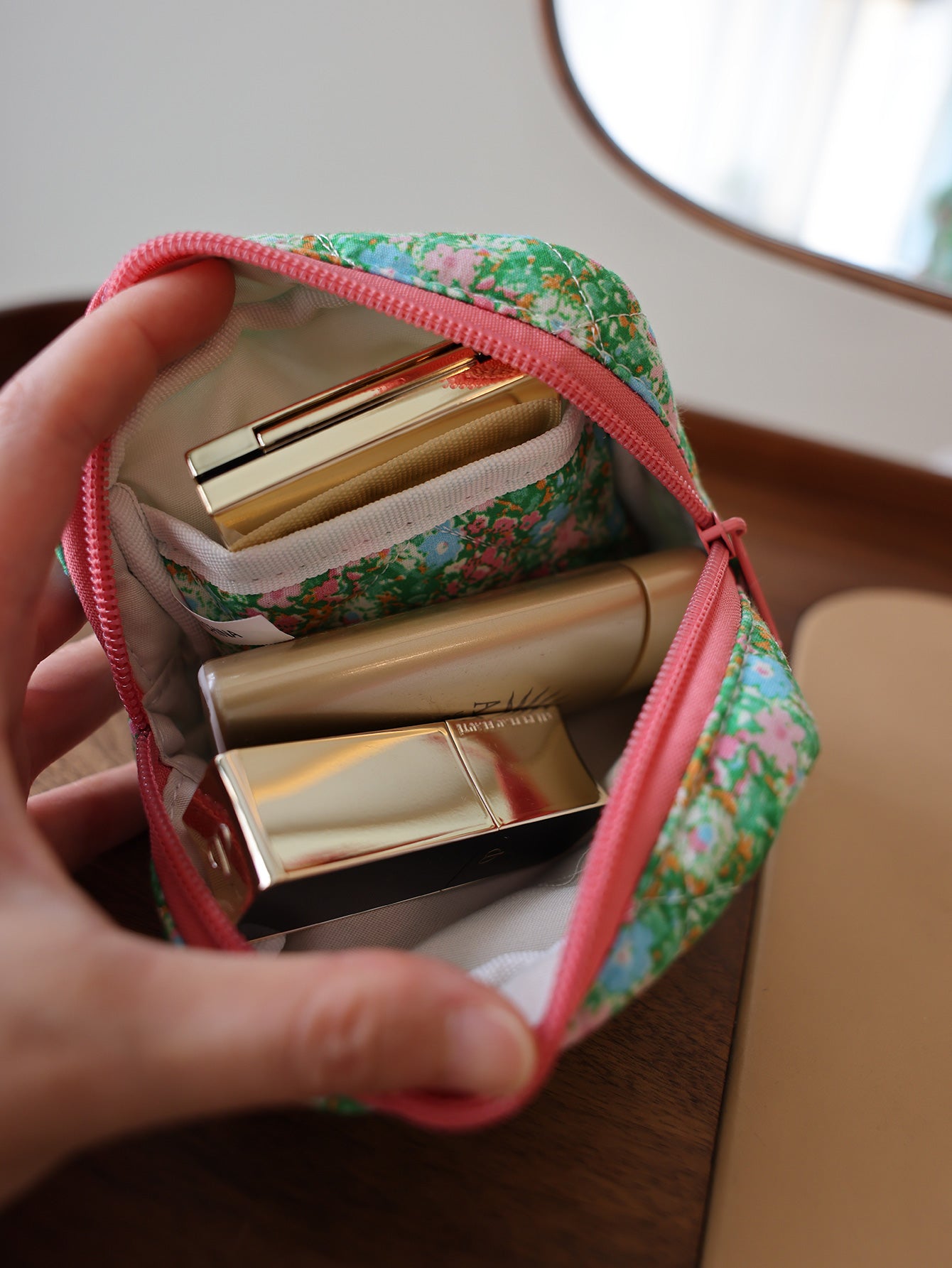 French Style Floral Artistic Fresh Green Flower Makeup Bag Ditty bag Micro floral zippers Small bag