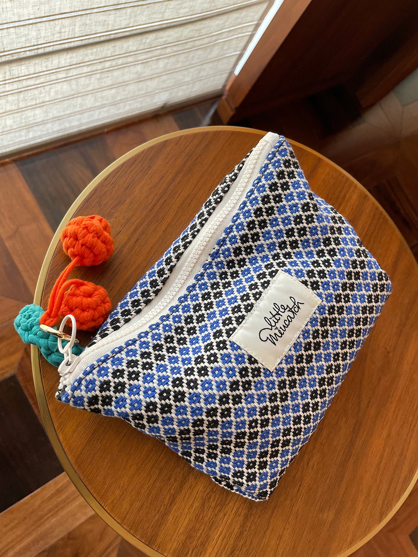 Precatch Nostalgic Blue Cherry Hangings Makeup Bag-Vintage Handmade Wool Knitted Geometric Portable Handbag with Large Capacity