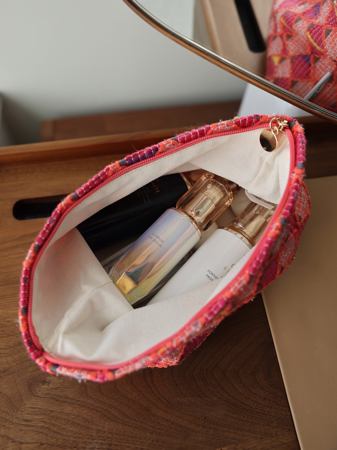 Precatch Red diamond lattice fashion large capacity zipper makeup bag New Year Christmas girl travel portable ethnic style storage bag toiletry bag