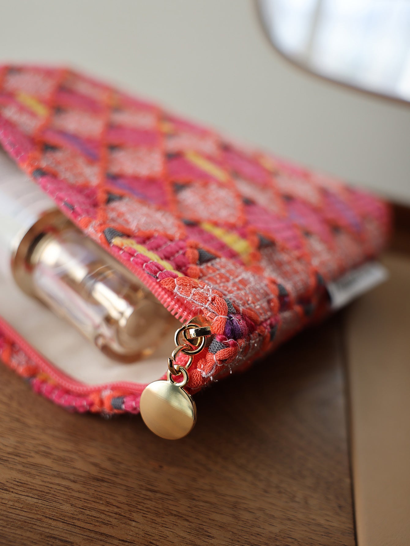 Precatch Red diamond lattice fashion large capacity zipper makeup bag New Year Christmas girl travel portable ethnic style storage bag toiletry bag
