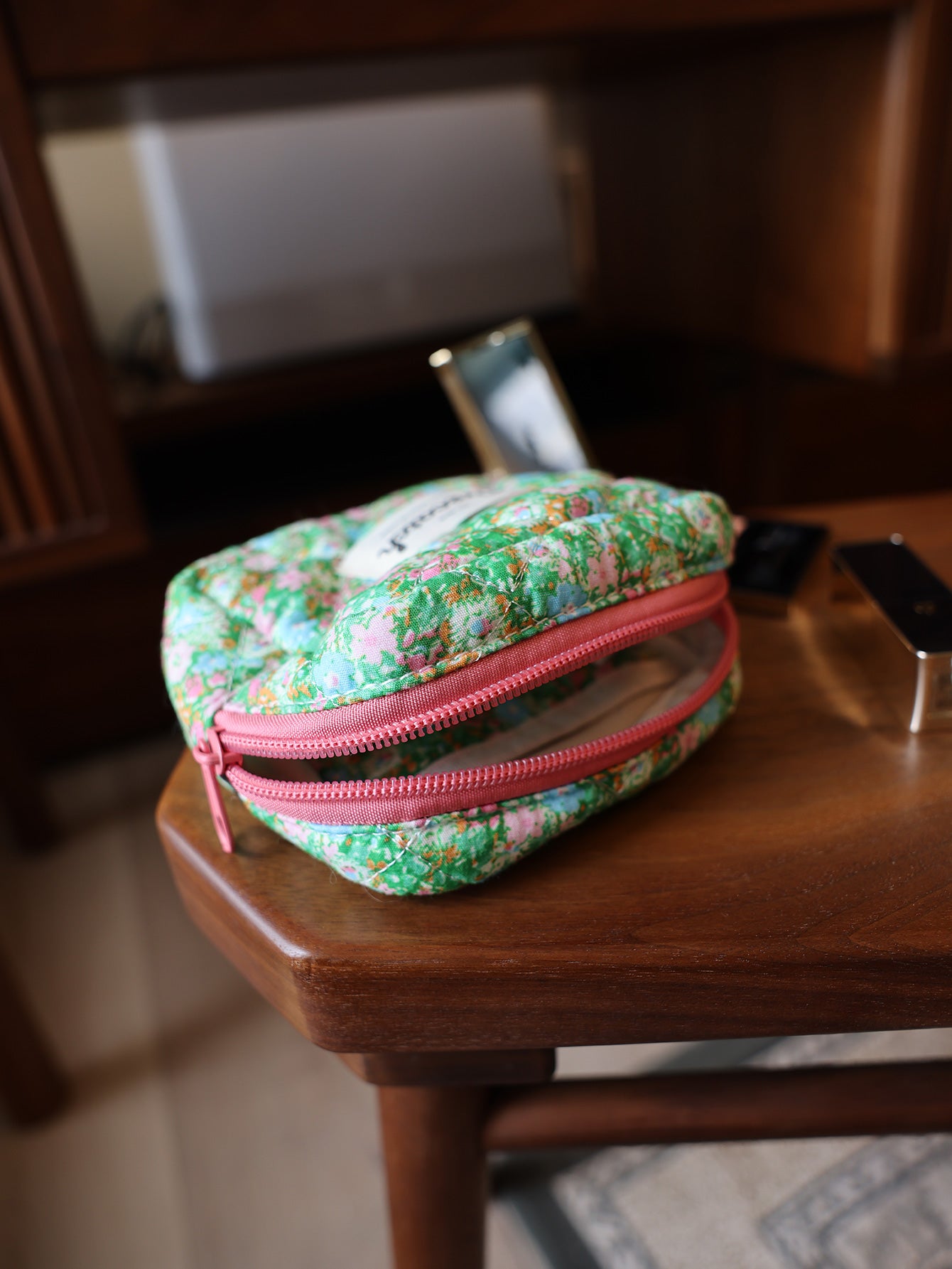 French Style Floral Artistic Fresh Green Flower Makeup Bag Ditty bag Micro floral zippers Small bag