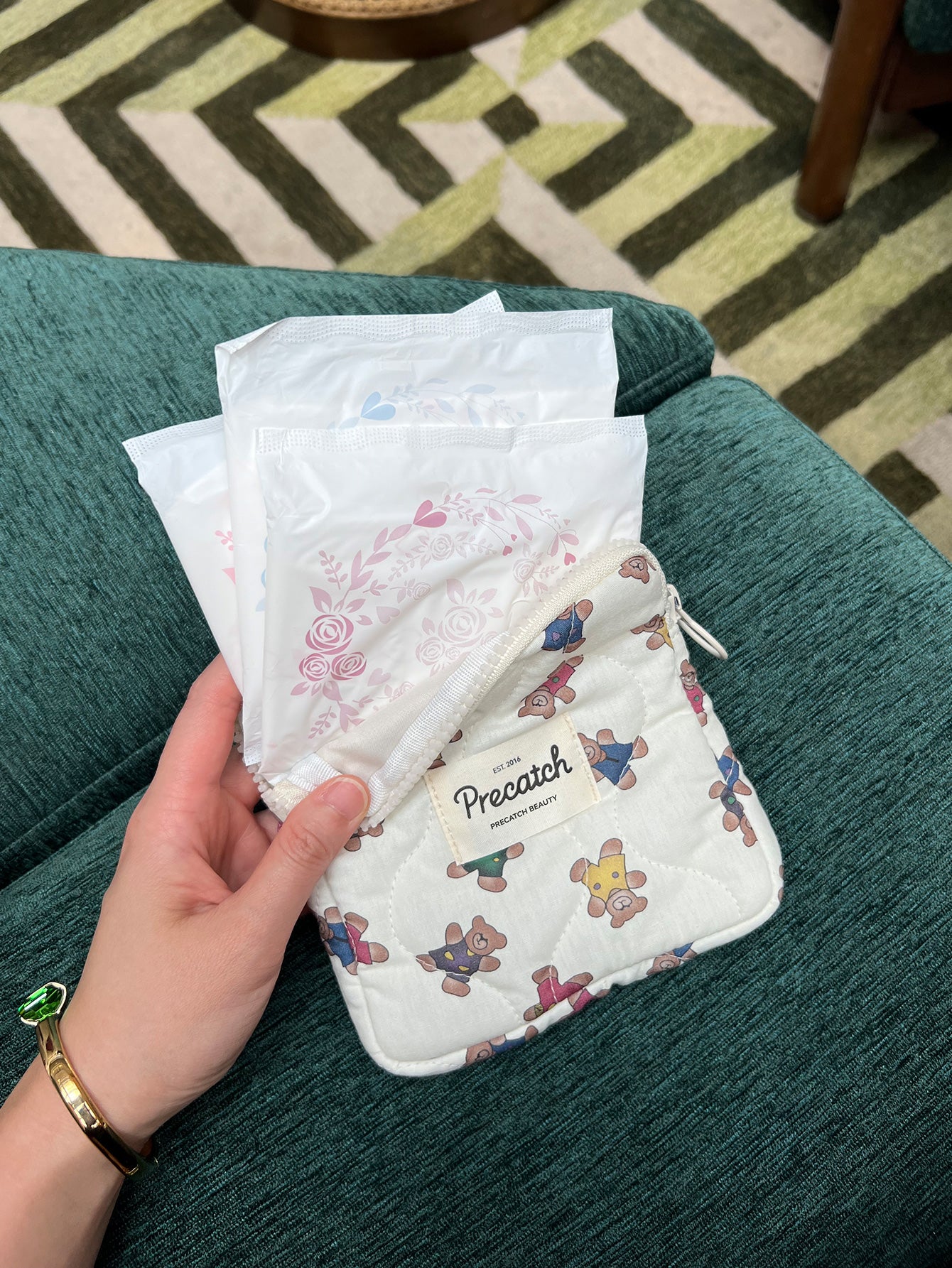 Precatch Square Small Portable Makeup Bag with Cartoon Animal Little Bear Pattern– Storage Bag for Sanitary Napkins, Powder Compacts, Lipsticks, and Handkerchiefs