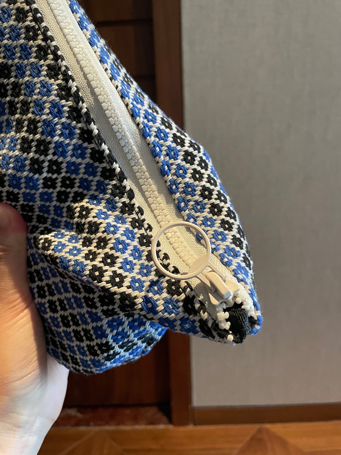 Precatch Nostalgic Blue Cherry Hangings Makeup Bag-Vintage Handmade Wool Knitted Geometric Portable Handbag with Large Capacity