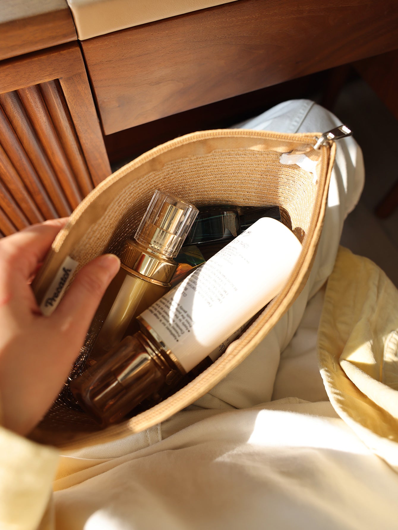 Precatch Straw woven bag spring and summer travel cargo bag solid color woven storage bag outdoor portable leisure beach bag handbag makeup bag
