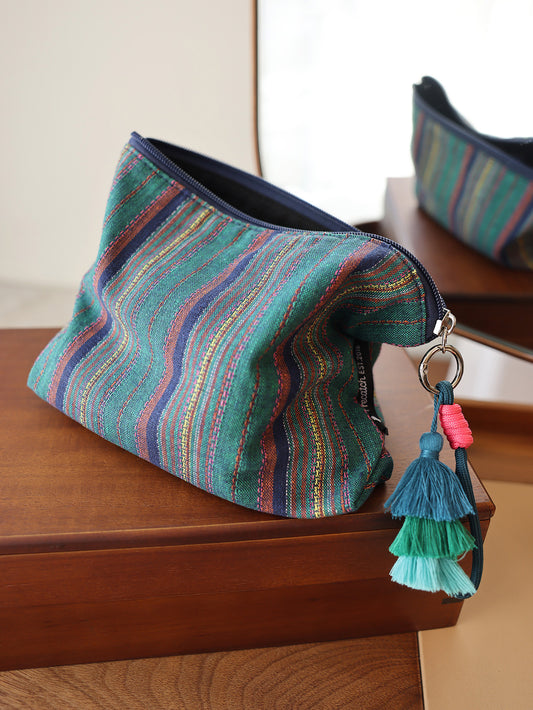 Precatch Colorful striped tassel hanging ornament makeup bag ethnic style girls zipper travel portable storage bag inner liner bag clutch bag