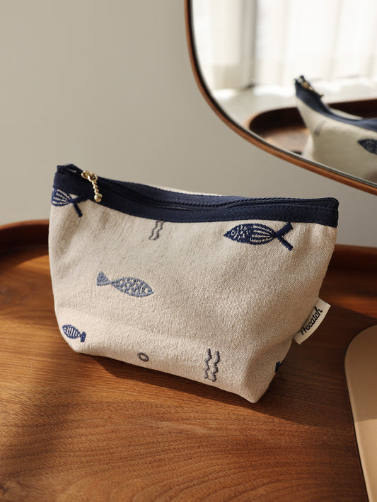 Japanese Style Fish Embroidery Makeup Bag, Portable Travel Organizer with Zipper, Ethnic Pattern Inner Pocket, Handmade Cosmetic Pouch