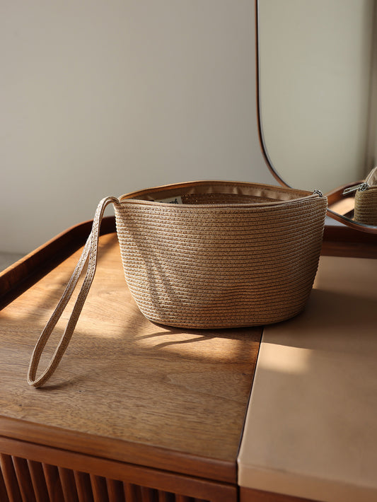 Precatch Straw woven bag spring and summer travel cargo bag solid color woven storage bag outdoor portable leisure beach bag handbag makeup bag