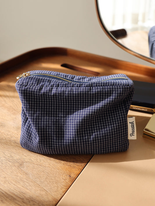Precatch Plaid striped fabric simple makeup bag square three-dimensional zipper storage bag travel portable clutch inner bag Japanese style