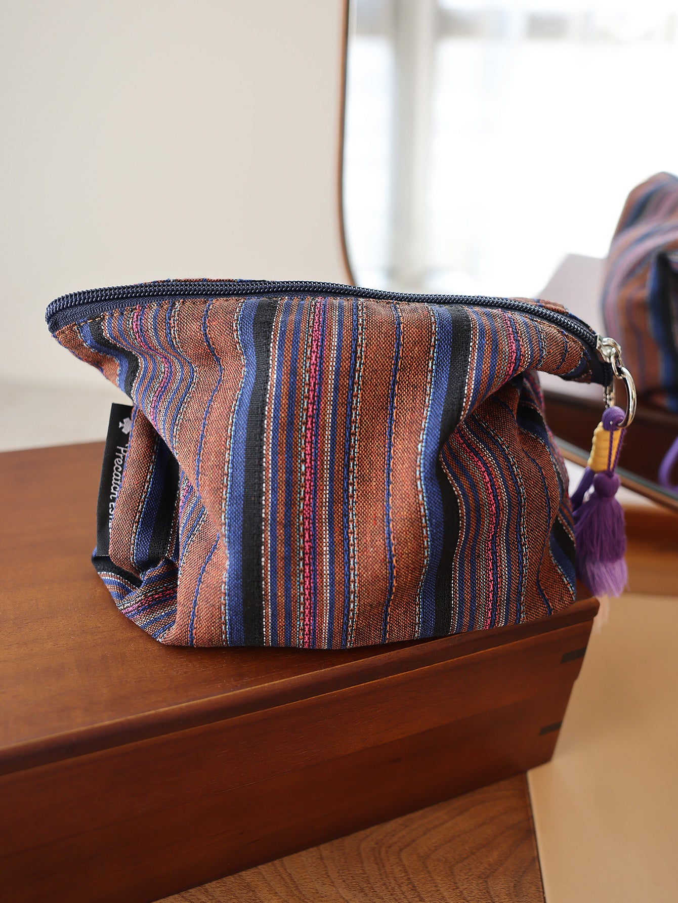 Precatch Colorful striped tassel hanging ornament makeup bag ethnic style girls zipper travel portable storage bag inner liner bag clutch bag