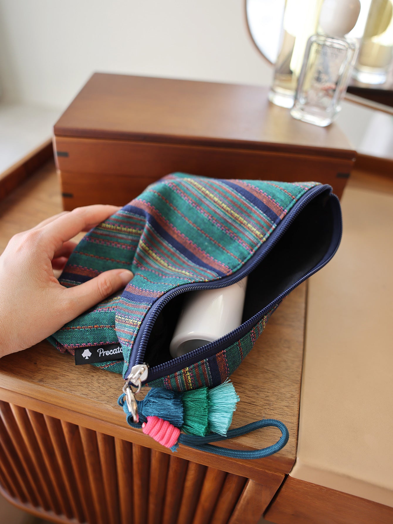 Precatch Colorful striped tassel hanging ornament makeup bag ethnic style girls zipper travel portable storage bag inner liner bag clutch bag