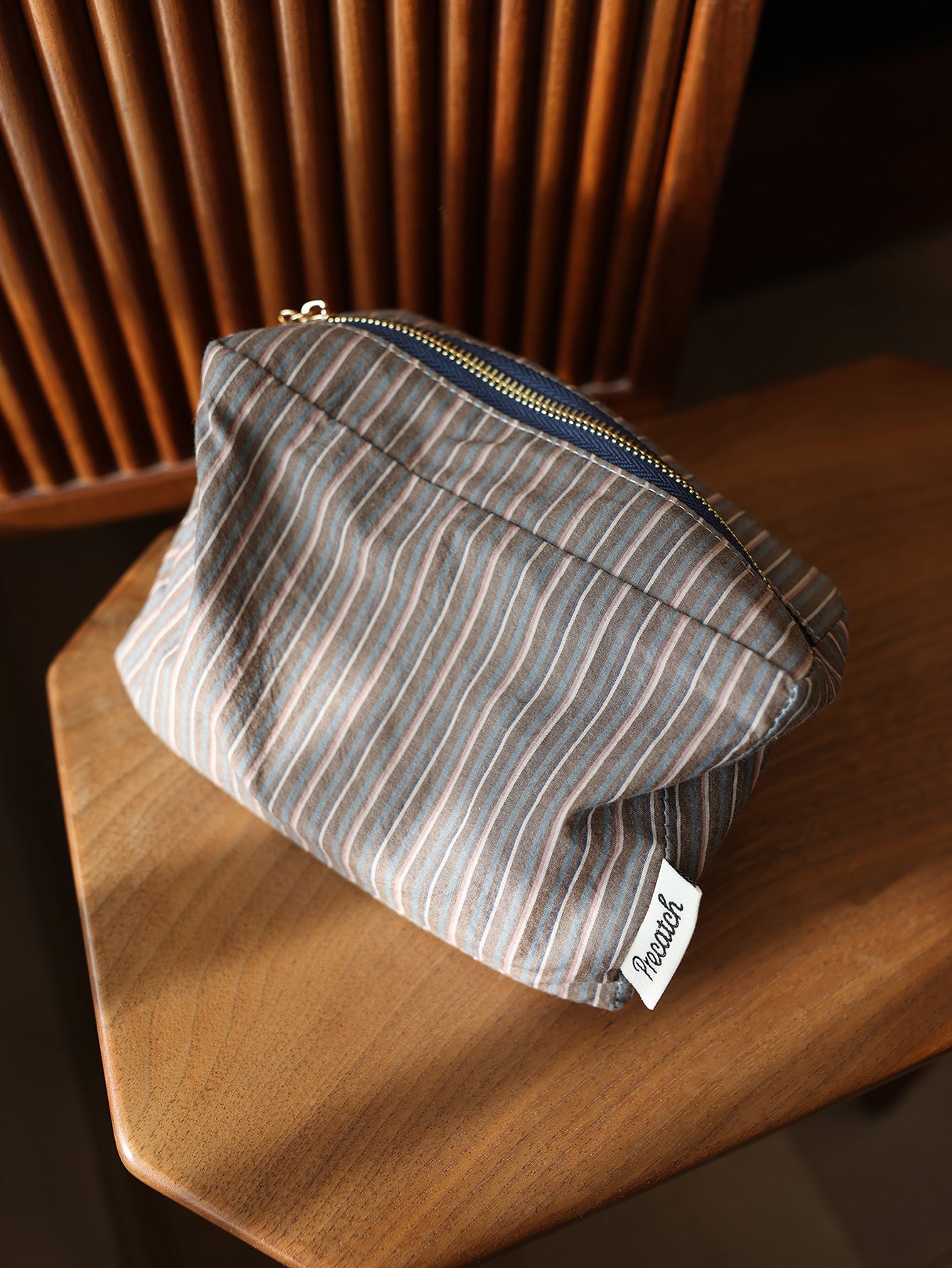 Precatch Plaid striped fabric simple makeup bag square three-dimensional zipper storage bag travel portable clutch inner bag Japanese style