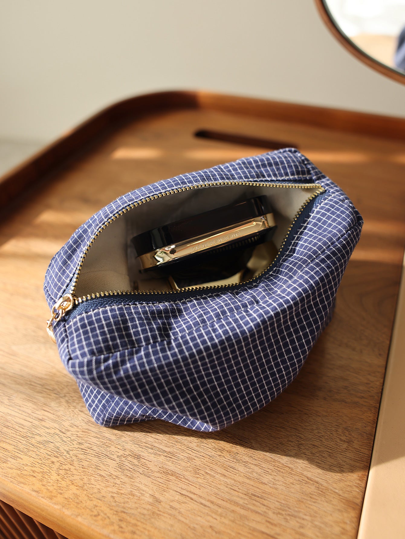 Precatch Plaid striped fabric simple makeup bag square three-dimensional zipper storage bag travel portable clutch inner bag Japanese style