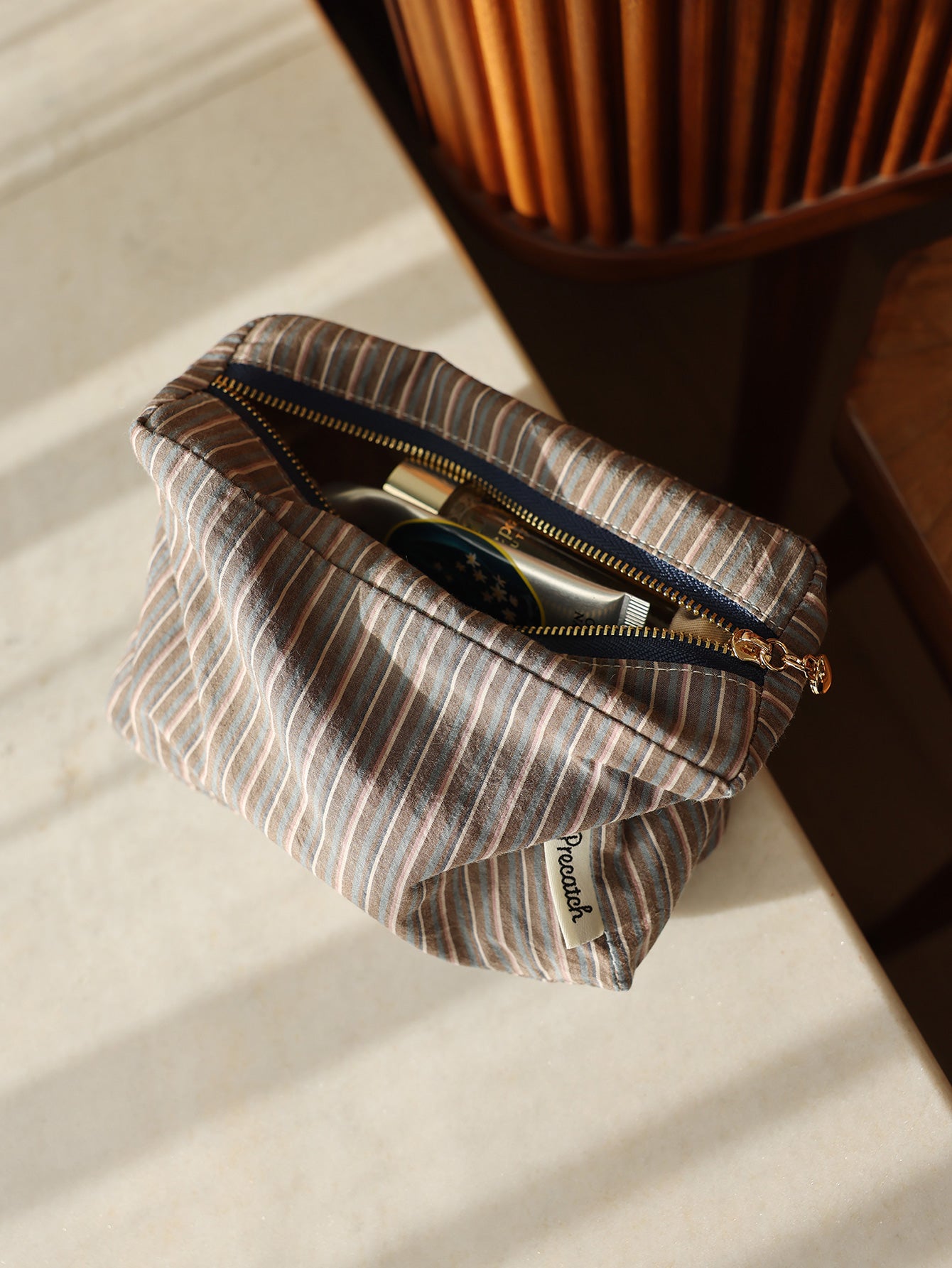 Precatch Plaid striped fabric simple makeup bag square three-dimensional zipper storage bag travel portable clutch inner bag Japanese style