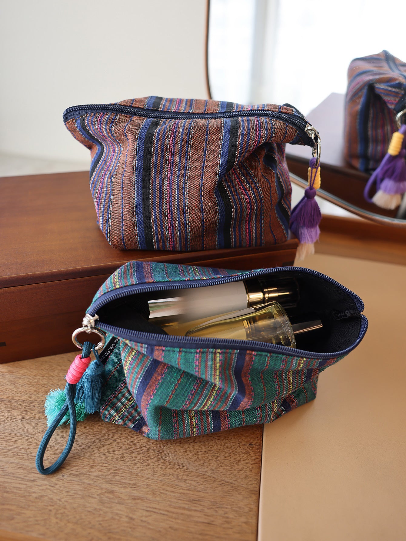 Precatch Colorful striped tassel hanging ornament makeup bag ethnic style girls zipper travel portable storage bag inner liner bag clutch bag