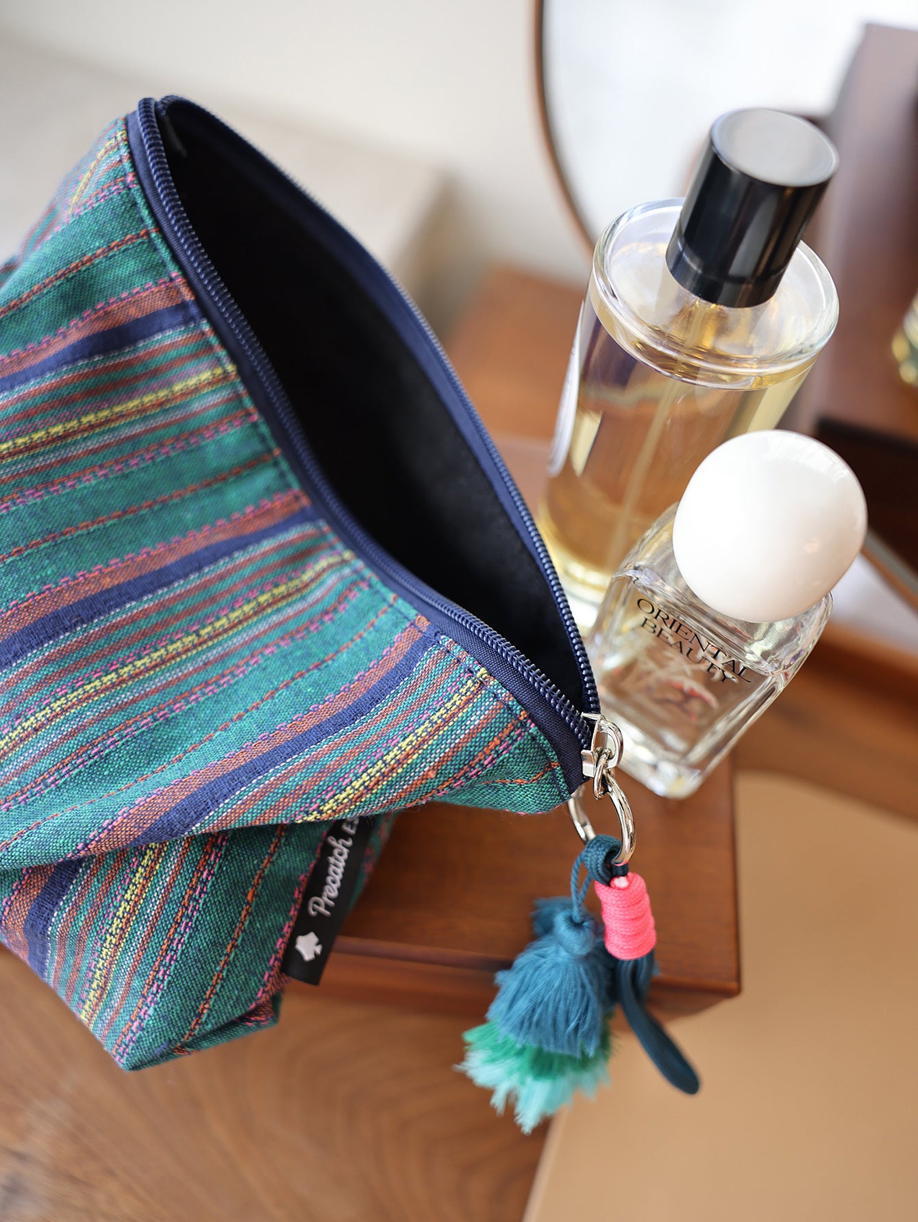 Precatch Colorful striped tassel hanging ornament makeup bag ethnic style girls zipper travel portable storage bag inner liner bag clutch bag