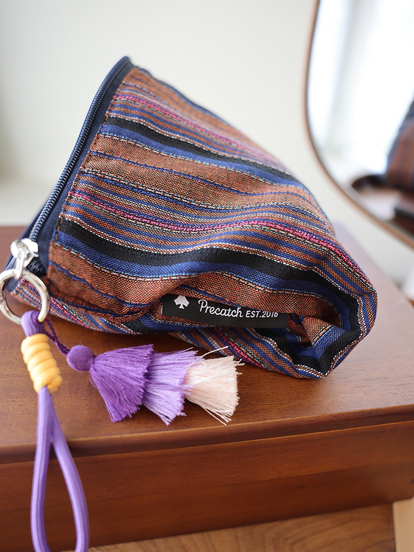 Precatch Colorful striped tassel hanging ornament makeup bag ethnic style girls zipper travel portable storage bag inner liner bag clutch bag