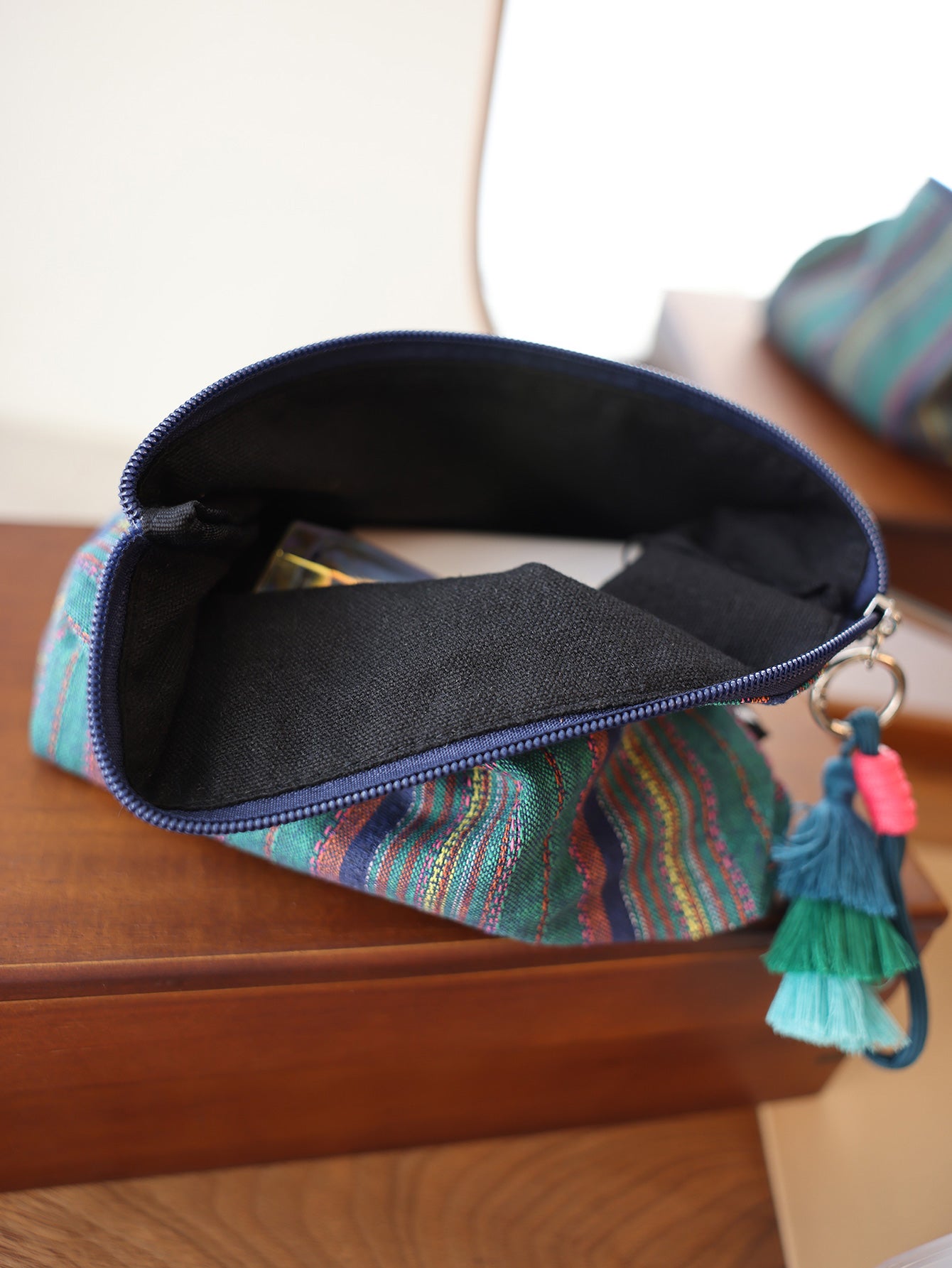 Precatch Colorful striped tassel hanging ornament makeup bag ethnic style girls zipper travel portable storage bag inner liner bag clutch bag