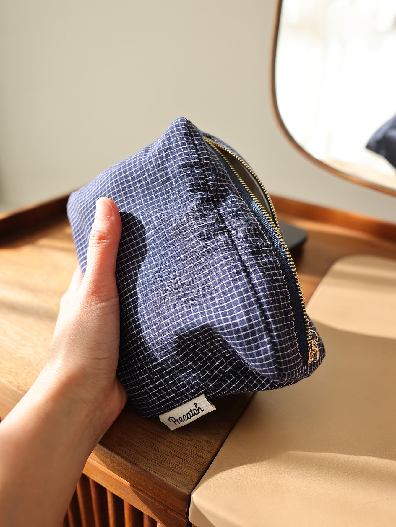 Precatch Plaid striped fabric simple makeup bag square three-dimensional zipper storage bag travel portable clutch inner bag Japanese style