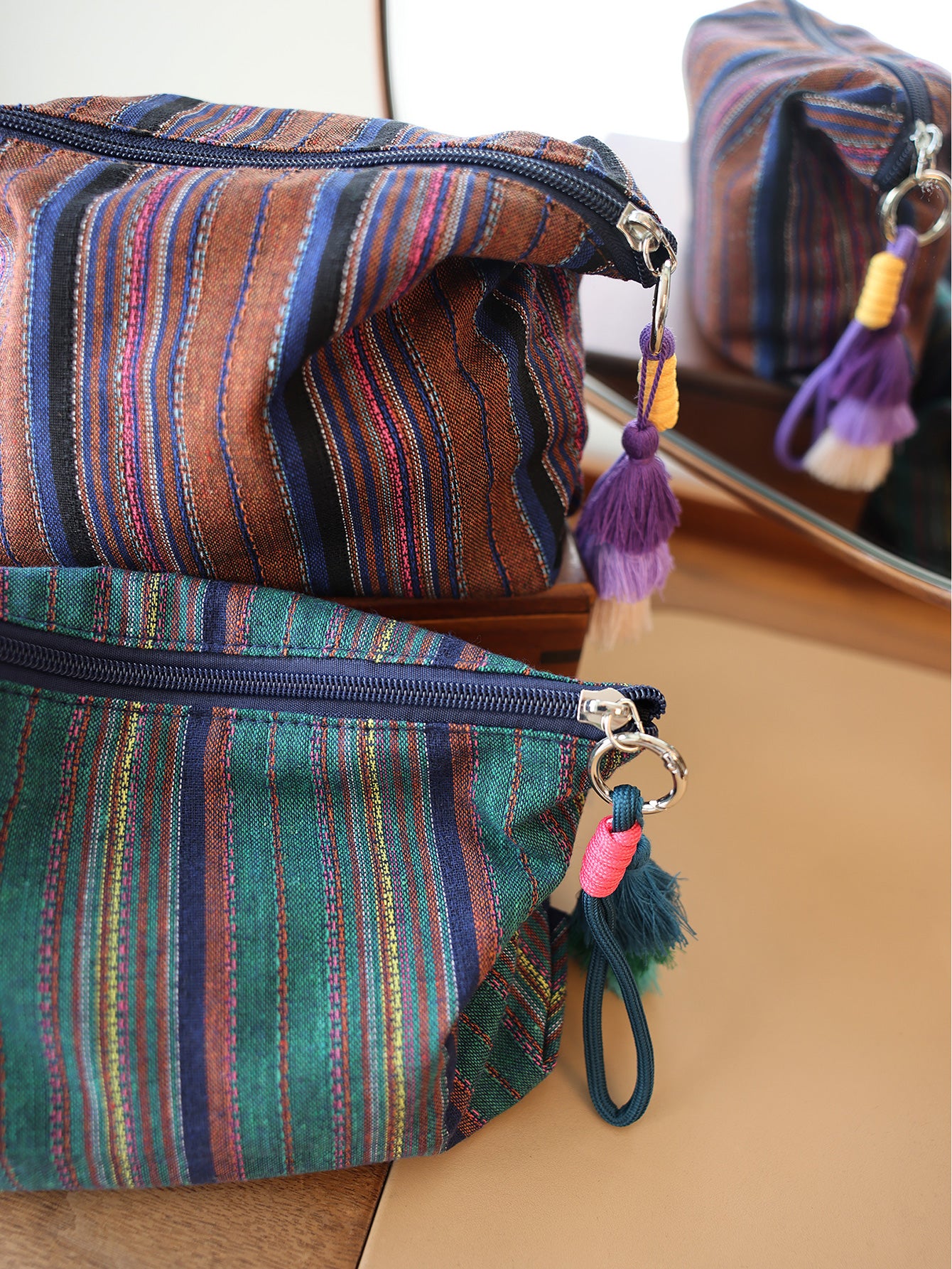 Precatch Colorful striped tassel hanging ornament makeup bag ethnic style girls zipper travel portable storage bag inner liner bag clutch bag